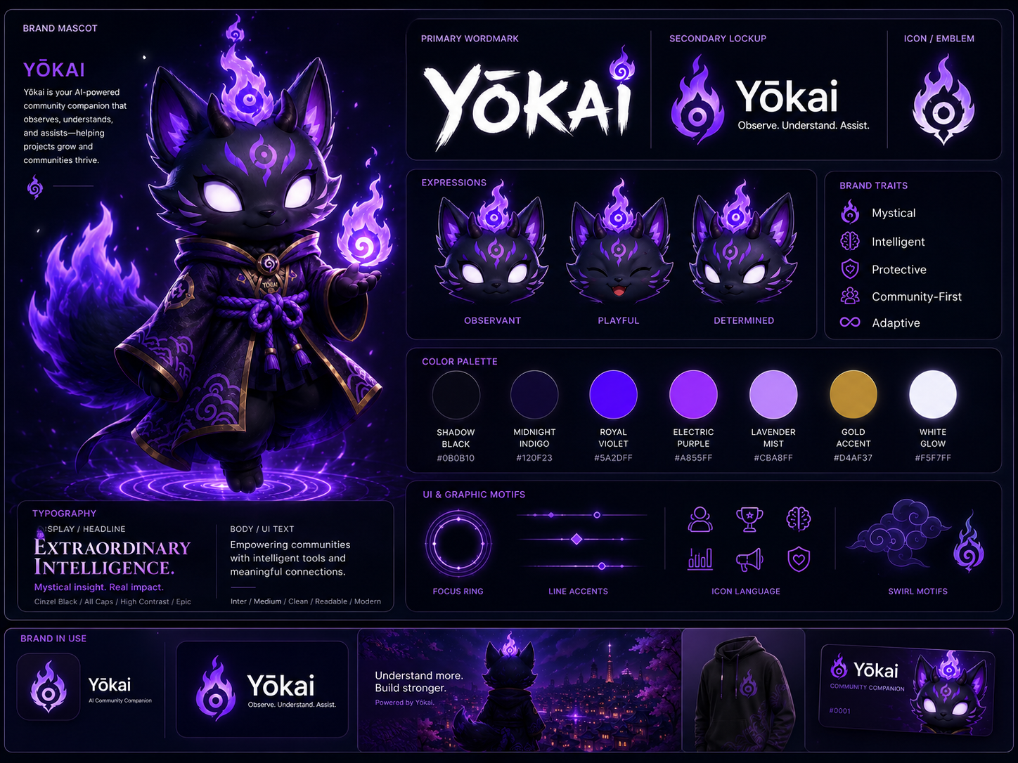 Yōkai official brand system with mascot, wordmark, icons, colors, and usage examples